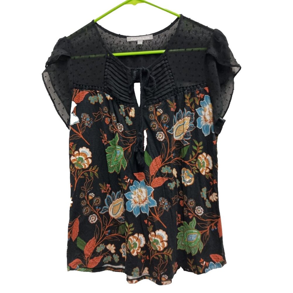 Daniel Rainn Womens BOHO Peasant Dark Fairy Top Small‎ Black Floral Sheer Yoke
